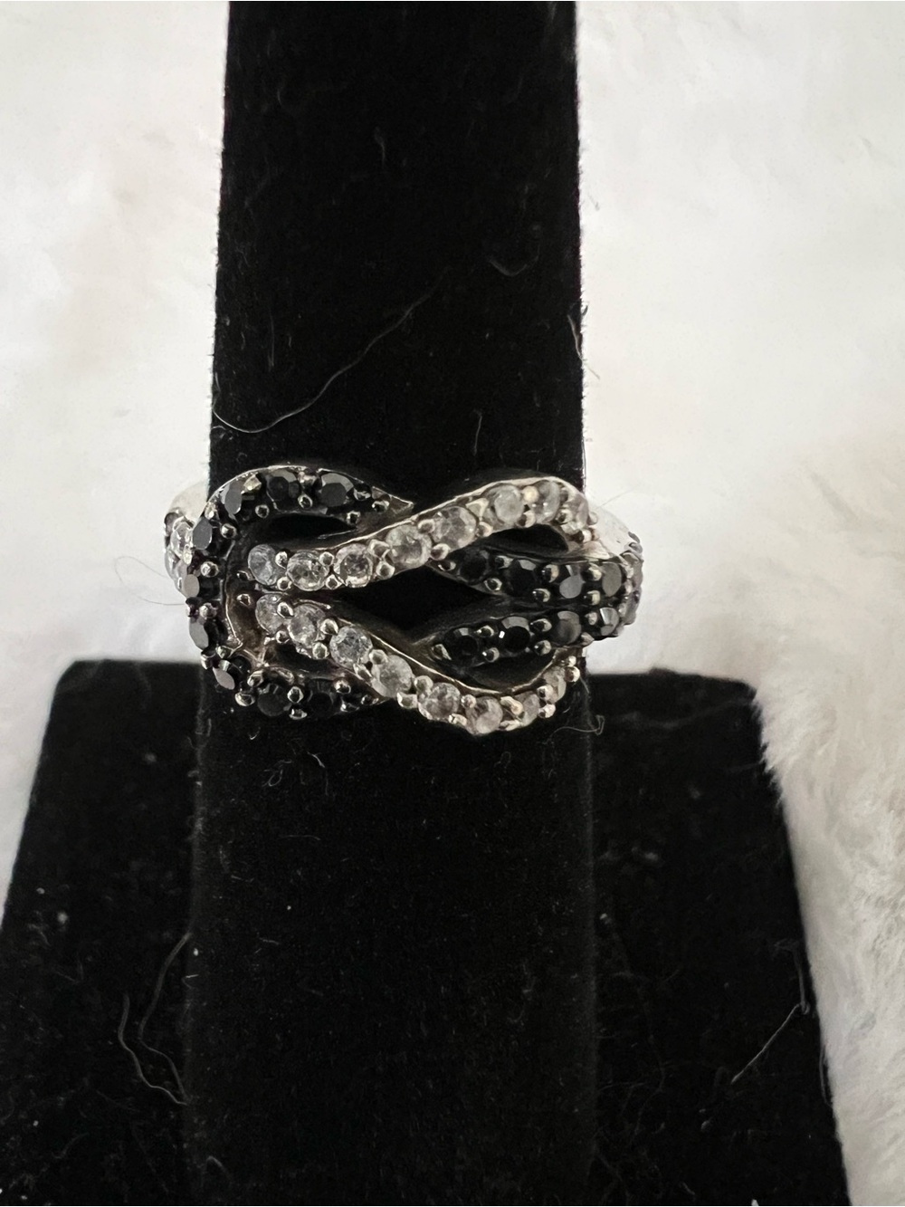 Sterling Silver Sparkling Clear and Black Stones Twisted Knot Ring